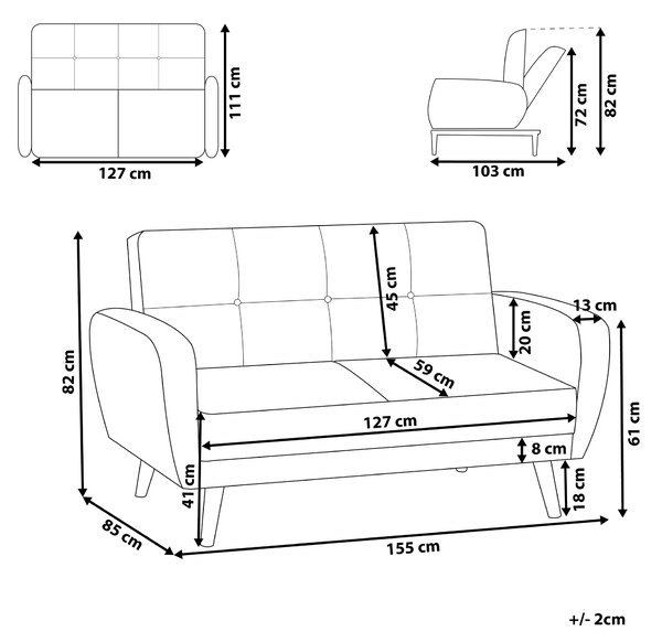 Retro sofa kanapa rozkładana z funkcją spania 2-osobowa pikowana czarna Florli Beliani