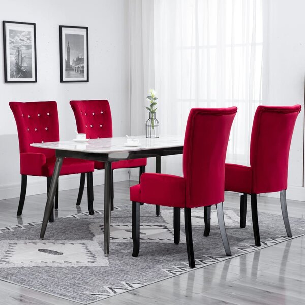 Krzesła stołowe z podłokietnikami, 4 szt., czerwone, aksamitne