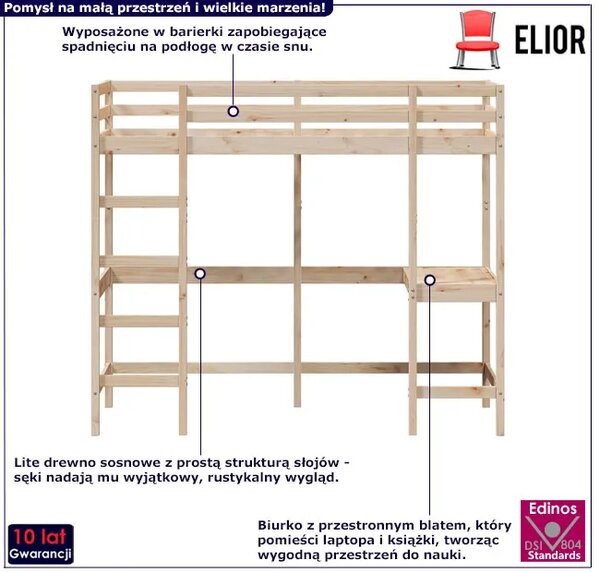 Sosnowe pojedyncze łóżko z biurkiem 90x190 G8-H62