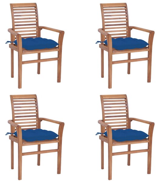 Krzesła stołowe, 4 szt., niebieskie poduszki, drewno tekowe