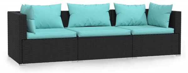 Sofa 3-osobowa ogrodowa z poduszkami, czarna, polirattan