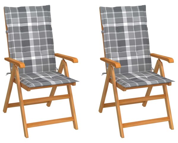 Krzesła ogrodowe, 2 szt., z poduszkami w szarą kratę, tekowe