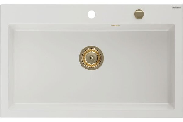 Mexen Elix zlewozmywak granitowy 1-komorowy 800 x 500 mm, biały, syfon złoty - 6527801005-20-G