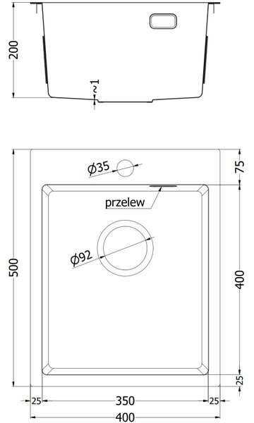 Mexen Solix zlewozmywak stalowy 1-komorowy 400 x 500 mm, czarny - 6406401000-70