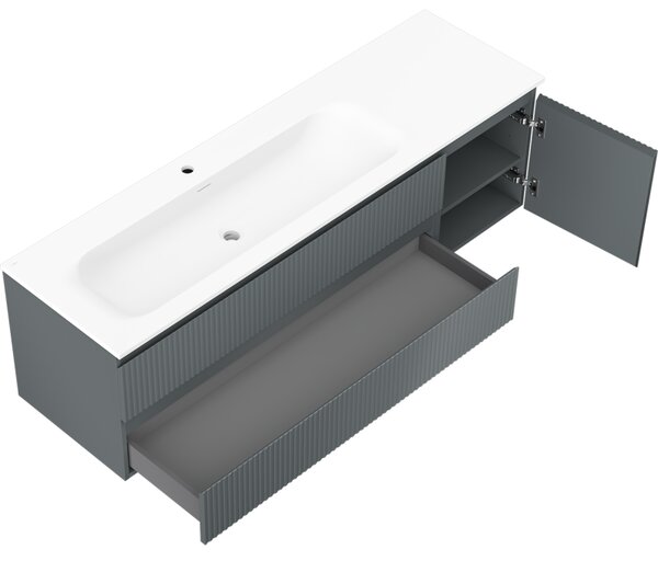 Mexen Rivel szafka łazienkowa 160 cm z umywalką Vela lewą, 2S, 1D, ryflowana, grafit/biała mat - 91A23-16047-3-BBFFF66-W23L01