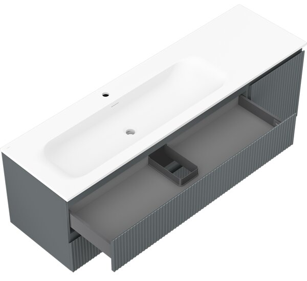 Mexen Rivel szafka łazienkowa 160 cm z umywalką Vela lewą, 2S, 1D, ryflowana, grafit/biała mat - 91A23-16047-3-BBFFF66-W23L01