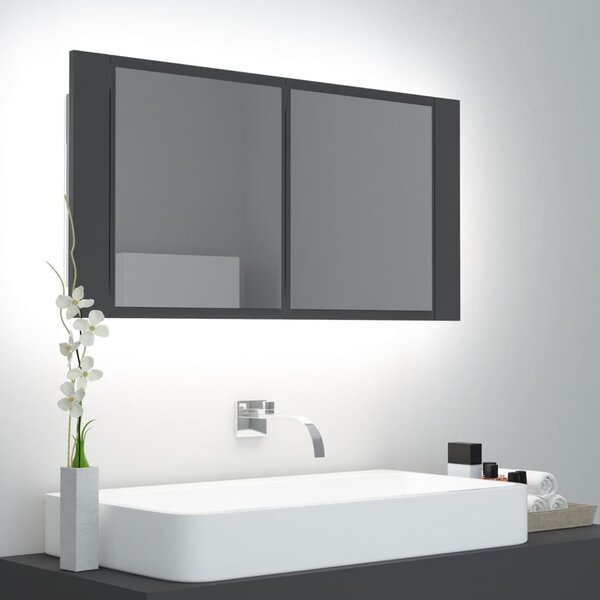 Szafka łazienkowa z lustrem i LED, szara, 90x12x45 cm, akryl
