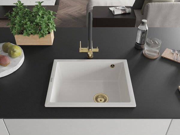 Mexen Pedro zlewozmywak granitowy 1-komorowy 560 x 460 mm, biały, syfon złoty - 6508561000-20-G