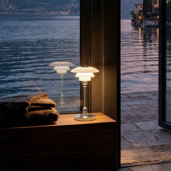 Louis Poulsen Lampa stołowa z akumulatorem PH 1-1 Portable, chrom, IP44 1-1, możliwość ściemniania, chromowy / srebrny, salon / jadalnia, aluminium, design