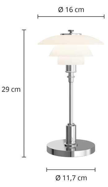Louis Poulsen Lampa stołowa z akumulatorem PH 1-1 Portable, chrom, IP44 1-1, możliwość ściemniania, chromowy / srebrny, salon / jadalnia, aluminium, design