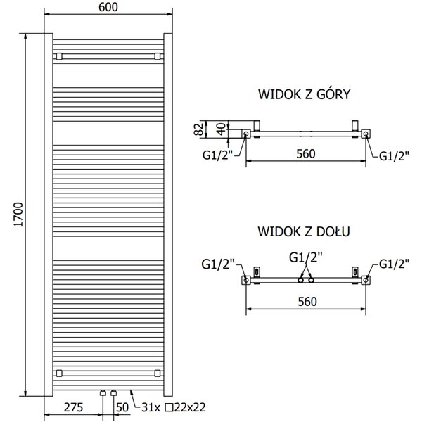 Mexen Pluton grzejnik łazienkowy 1700 x 600 mm, 991 W, czarny - W106-1700-600-00-70