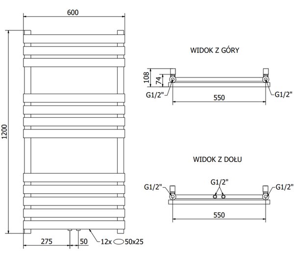 Mexen Jowisz grzejnik łazienkowy 1200 x 600 mm, 594 W, czarny - W107-1200-600-00-70