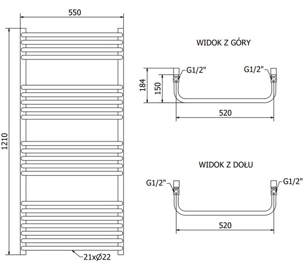 Mexen Apollo grzejnik łazienkowy 1210 x 550 mm, 641 W, czarny - W117-1210-550-00-70