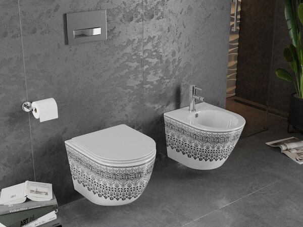 Mexen Lena miska wc Rimless z deską wolnoopadającą slim, duroplast, biała/czarna wzór - 30224095