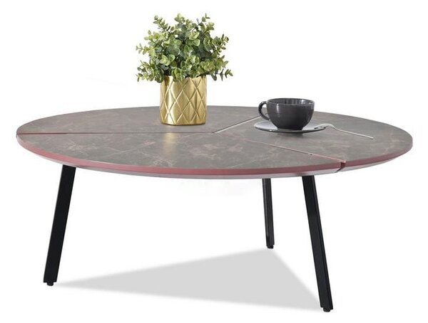 Designerski okrągły stolik kawowy fjord brązowy marmur na czarnych metalowych nogach