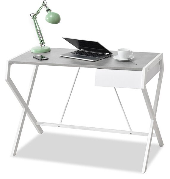 Nowoczesne biurko designo z betonowym blatem na białej metalowej nodze iks