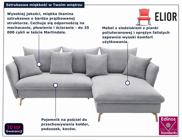 Popielata sztruksowa kanapa narożna z pojemnikiem H9-L51