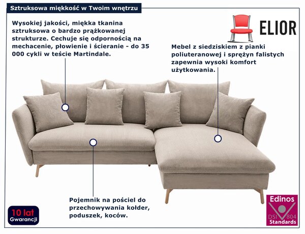 Sztruksowa kanapa narożna rozkładana cappuccino L7-F96