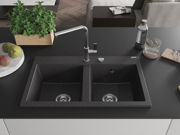 Mexen Hektor zlewozmywak granitowy 2-komorowy 800 x 480 mm, czarny nakrapiany, syfon chrom - 6521802000-76