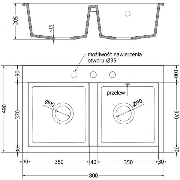 Mexen Hektor zlewozmywak granitowy 2-komorowy 800 x 480 mm, beżowy, syfon chrom - 6521802000-69