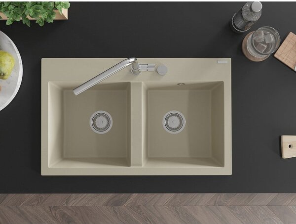 Mexen Hektor zlewozmywak granitowy 2-komorowy 800 x 480 mm, beżowy, syfon chrom - 6521802000-69