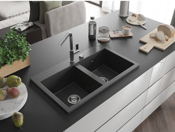 Mexen Hektor zlewozmywak granitowy 2-komorowy 800 x 480 mm, czarny nakrapiany, syfon chrom - 6521802000-76