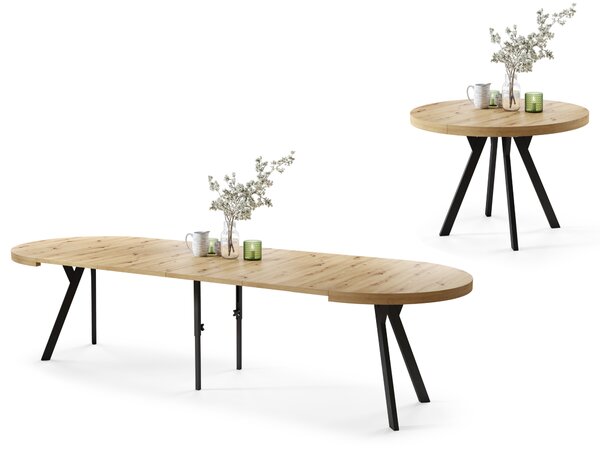EXPANSO Dąb Artisan/nogi czarne - DUŻY OKRĄGŁY STÓŁ Ø110 ROZKŁADANY DO 310 cm Z NOGAMI Y LOFTOWY/INDUSTRIALNY