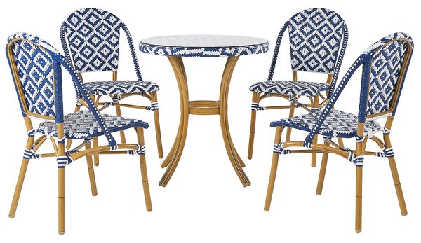 Zestaw ogrodowy z technorattanu stół i 4 krzesła niebiesko-biały Rifreddo Beliani