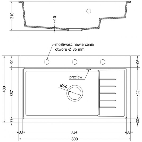 Mexen Omar zlewozmywak granitowy 1-komorowy 800 x 480 mm, szary, syfon złoty - 6520801005-71-G