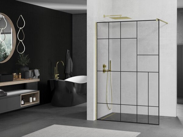 Mexen Kioto ścianka prysznicowa Walk-in 80 x 200 cm, czarny wzór 8 mm, złota szczotkowana - 800-080-101-55-78
