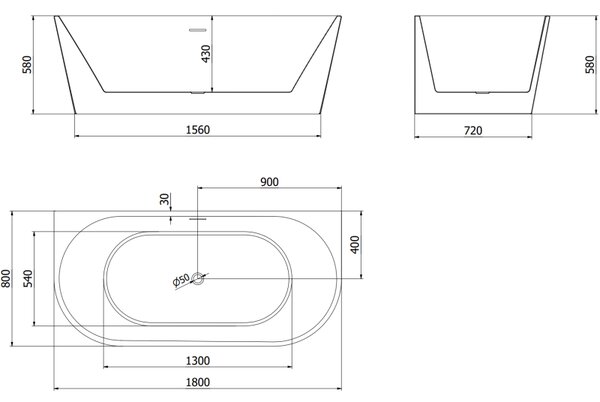 Mexen Oval wanna wolnostojąca przyścienna 180 x 80 cm, biała, przelew czarny - 52671808000-70