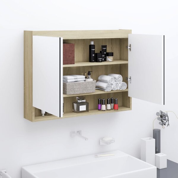 Szafka łazienkowa z lustrem, 80x15x60 cm, MDF, biel i dąb