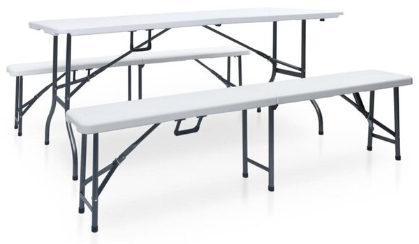Składany stół ogrodowy z 2 ławkami, 180 cm, stal i hdpe, biały