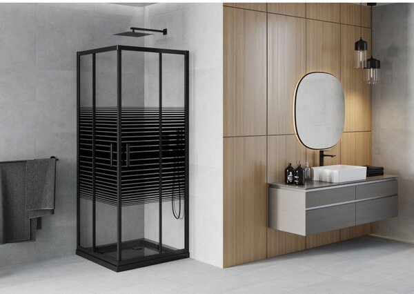 Mexen Rio kabina prysznicowa kwadratowa 80 x 80 cm, czarne pasy, czarna + brodzik Flat, czarny - 860-080-080-70-20-4070B