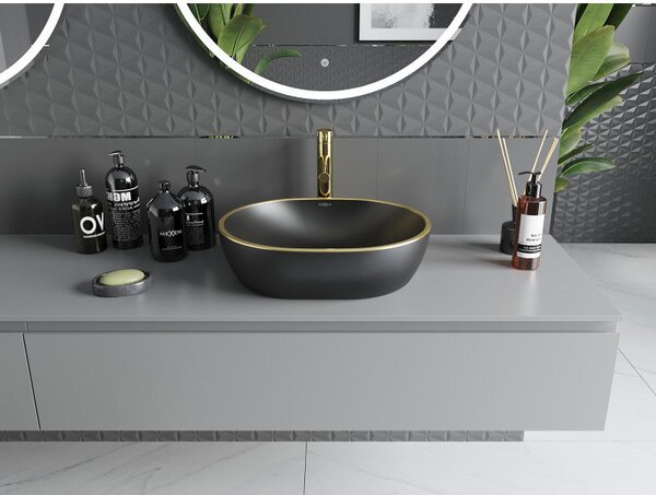 Mexen Viki umywalka nablatowa 48 x 35 cm, czarna mat/złota rant - 21054875