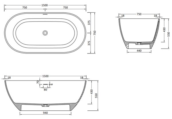 Mexen Rimini wanna wolnostojąca z konglomeratu 150 x 75 cm, czarna mat - 57241507570
