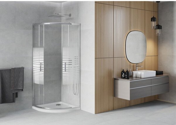 Mexen Rio kabina prysznicowa półokrągła 90 x 90 cm, białe pasy, chrom + brodzik Flat, biały - 863-090-090-01-20-4110
