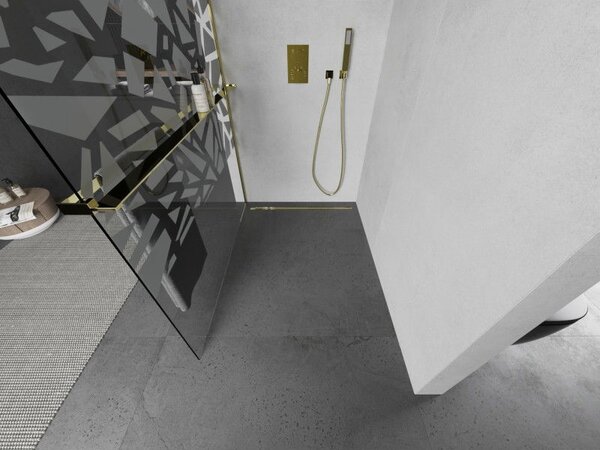 Mexen Kioto+ ścianka prysznicowa z półką Walk-in 90 x 200 cm, biały wzór, złota - 800-090-121-50-85