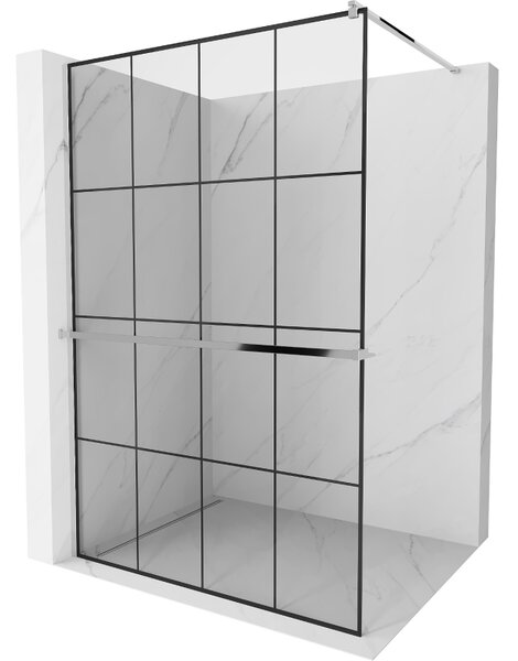 Mexen Kioto+ ścianka prysznicowa z półką Walk-in 130 x 200 cm, czarna kratka, chrom - 800-130-121-01-77
