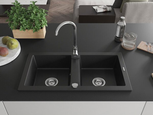 Mexen Mario zlewozmywak granitowy 2-komorowy 820 x 436 mm, czarny, syfon chrom - 6504822000-77