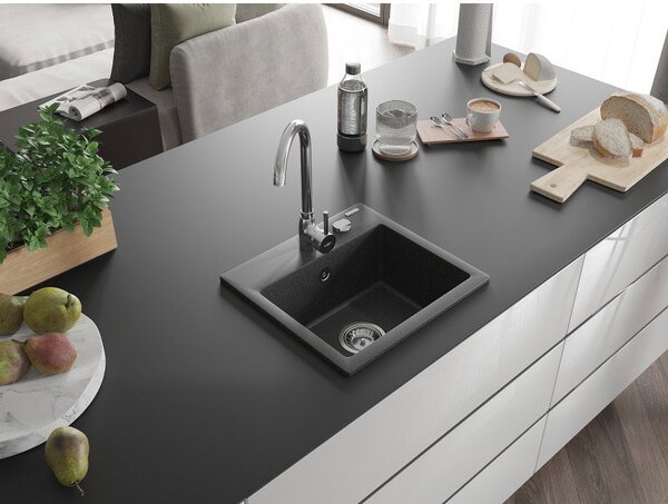 Mexen Milo zlewozmywak granitowy 1-komorowy 435 x 410 mm, czarny nakrapiany, syfon chrom - 6505441000-76