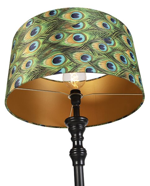 Lampa stojąca czarna z abażurem z aksamitu w kolorze pawiego złota 50 cm - Classico