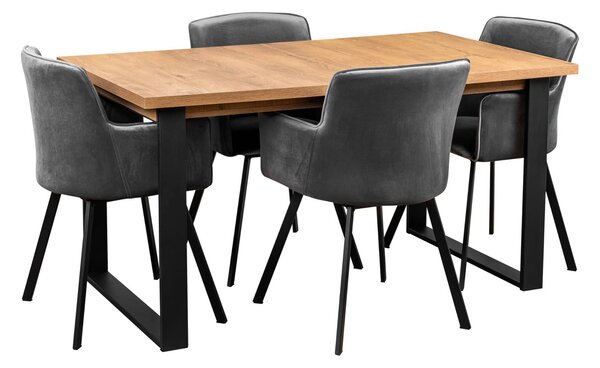 Stół rozkładany z 4 krzesłami do salonu jadalni Y071 Czarny/Dąb Lefkas