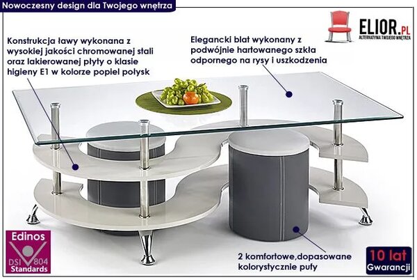Ława szklana z pufami popiel F2-B67