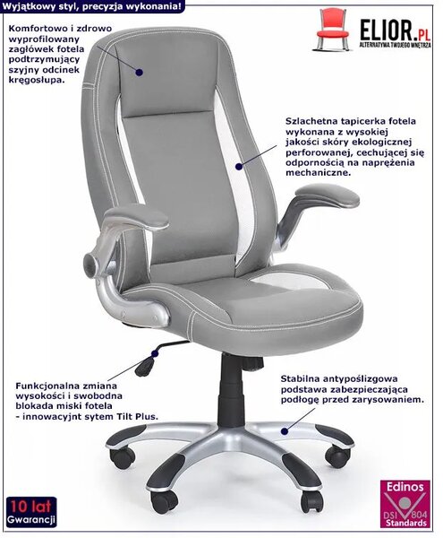 Popielaty skórzany obrotowy fotel gabinetowy N66 E2-L47