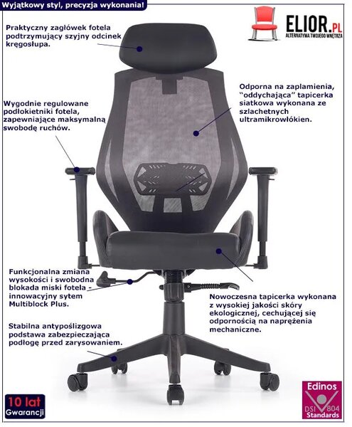 Ergonomiczny czarny fotel obrotowy z regulacją oparcia i zagłówkiem D8-W52