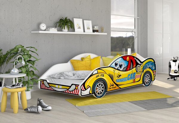 Łóżko dziecięce żółte auto serwisowe z materacem 180x90 cm
