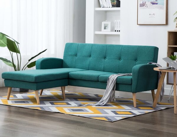 Zielona sofa z leżanką do salonu, na drewnianych nóżkach