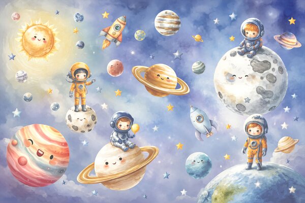 Fototapeta Grupa rysunkowych astronautów i planet, Fototapety Kosmos, Popularne Fototapety, t00841 - Tapeko.pl