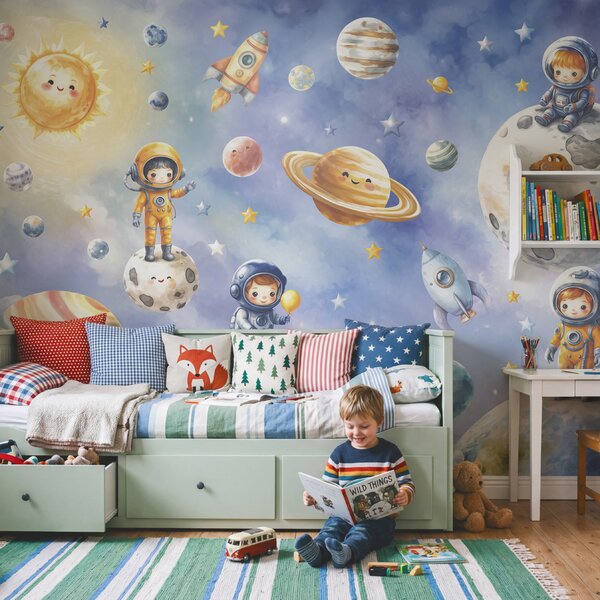 Fototapeta Grupa rysunkowych astronautów i planet, Fototapety Kosmos, Popularne Fototapety, t00841 - Tapeko.pl